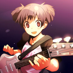 1girl bass_guitar brown_eyes brown_hair female_focus foreshortening guitar instrument k-on! open_mouth raglan_sleeves shirt short_hair short_twintails solo suzuki_jun sweat t-shirt twintails watarai_keiji yamaha