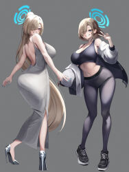 1girl absurdres alternate_costume ass asuna_(blue_archive) black_leggings black_shoes black_sports_bra blonde_hair blue_archive blush breasts cleavage commentary dongtan_dress dress eyes_visible_through_hair full_body grey_background grey_dress grey_shoes hair_over_one_eye halo high_heels highres jacket jacket_partially_removed large_breasts leggings long_hair looking_at_viewer median_furrow meme_attire miisang47 multiple_views navel ponytail shoes short_hair simple_background smile sneakers sports_bra v very_long_hair white_jacket workout_clothes