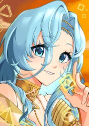1girl 37_(reverse:1999) ancient_greek_clothes armlet bare_shoulders blue_eyes blue_hair geometry gold_choker greco-roman_clothes grin hair_between_eyes hand_up hayde_ink jewelry long_hair looking_at_viewer math orange_background portrait reverse:1999 smile solo triangle