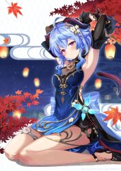 Rule 34 | 1girl, ahoge, armpits, arms up, azuma yuki, bare legs, bare shoulders, black footwear, black gloves, blue dress, blue hair, commentary request, detached sleeves, dress, ganyu (genshin impact), ganyu (twilight blossom) (genshin impact), genshin impact, gloves, high heels, highres, horns, long sleeves, looking at viewer, official alternate costume, purple eyes, short hair, sitting, sleeveless, sleeveless dress, smile, solo, thighs, wariza