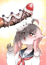 +_+ 1boy 1girl ahoge black_sailor_collar blue_archive blueberry blush cake cherry chocolate chocolate_on_body chocolate_on_penis cream dessert drooling erection food food_on_body food_on_penis fruit gradient_background hetero highres hitotose_rin large_penis long_hair looking_at_penis natsu_(blue_archive) neckerchief open_mouth pastry penis penis_awe penis_shadow red_eyes sailor_collar saliva school_uniform serafuku sparkle sparkle_background sparkling_eyes strawberry whipped_cream