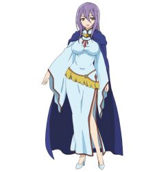 Rule 34 | 1girl, anime coloring, blue cloak, blue dress, breasts, celestine baudelaire, cloak, closed mouth, dress, full body, hair between eyes, high heels, highres, isekai maou to shoukan shoujo no dorei majutsu, kaneko shizue, large breasts, lips, long hair, long hair between eyes, looking at viewer, official art, purple hair, side slit, sidelocks, simple background, solo, standing, transparent background, wide sleeves, yellow eyes