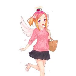 1girl ama_mitsuki angel_wings asymmetrical_bangs bag black_skirt crown gabriella_(uchihime) halo high_heels long_sleeves mini_crown multicolored_hair open_mouth orange_hair pink_eyes pink_hair pink_shirt shirt short_hair short_twintails shoulder_bag skirt sweater twintails uchi_no_hime-sama_ga_ichiban_kawaii wings