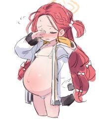 1girl big_belly bikini blue_archive closed_eyes halo highres jacket loli long_hair micro_bikini navel open_clothes open_jacket pregnant red_hair sa_ka_(sakanoya) simple_background solo swimsuit white_background white_bikini white_jacket yellow_halo yuzu_(blue_archive)