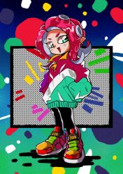 Rule 34 | 1990s (style), 1girl, anime coloring, black pants, border, full body, green eyes, green jacket, hands in pockets, highres, jacket, memphis design, multicolored jacket, nintendo, octoling, octoling girl, octoling player character, open mouth, pants, pointy ears, potiri02, red hair, red jacket, retro artstyle, shoes, short eyebrows, smile, sneakers, solo, splatoon (series), standing, tentacle hair, v-shaped eyebrows, white jacket