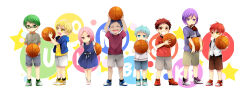 aged_down akashi_seijuurou aomine_daiki aqua_shoes ball basketball_(object) black_shirt black_socks blonde_hair blue_dress blue_eyes blue_hair blue_hoodie child chocolate closed_eyes collared_shirt copyright_name dress full_body green_footwear green_hair grey_shirt grin heterochromia highres hood hoodie kagami_taiga kao_lee kise_ryouta kuroko_no_basuke kuroko_tetsuya looking_at_viewer midorima_shintarou momoi_satsuki murasakibara_atsushi necktie open_clothes open_hoodie open_mouth pink_eyes pink_hair purple_eyes purple_footwear purple_hair purple_shirt red_eyes red_footwear red_hair red_shirt shirt shoes short_sleeves smile socks standing sweater_vest teeth two-tone_footwear v-shaped_eyebrows white_background white_necktie white_sweater_vest yellow_eyes yellow_shoes