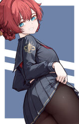 1girl absurdres alternate_costume ass black_pantyhose black_serafuku black_shirt black_skirt blue_eyes breasts clothes_lift commentary cowboy_shot danjin_(wuthering_waves) english_commentary folded_braid from_side grin highres long_sleeves looking_at_viewer looking_to_the_side medium_breasts neckerchief pantyhose red_hair red_neckerchief revision ryeon_(naturesan) school_uniform serafuku shirt short_hair skirt skirt_lift smile solo wuthering_waves