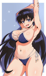 1girl absurdres arato_nagi arms_up bare_arms bikini black_bikini black_hair blush border breasts cleavage collarbone contrapposto ear_piercing earrings hair_between_eyes highres jewelry large_breasts long_hair looking_at_viewer navel open_mouth piercing purple_background purple_eyes ruri_no_houseki side-tie_bikini_bottom smile solo standing stud_earrings swimsuit torasansan011 very_long_hair white_border