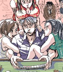 3boys 3girls akagi akagi:_yami_ni_oritatta_tensai akagi_shigeru breast_rest breasts breasts_on_head china_dress chinese_clothes dress fukumoto_mahjong large_breasts lowres mahjong_table medium_breasts multiple_boys multiple_girls oekaki table yasuoka