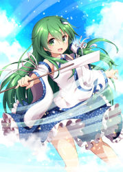 1girl :d blue_skirt blue_sky blush cloud commentary_request day detached_sleeves female_focus frilled_skirt frills frog_hair_ornament gohei green_eyes green_hair hair_between_eyes hair_ornament hair_tubes kochiya_sanae long_hair looking_at_viewer miniskirt nogisaka_kushio oonusa open_mouth outstretched_arm skirt sky smile snake_hair_ornament solo star_(symbol) star_in_eye symbol_in_eye touhou very_long_hair wide_sleeves wind