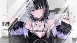 1girl against_glass black_choker black_coat black_dress black_hair breast_press breasts breasts_on_glass choker cleavage closed_mouth coat dress frown fur-trimmed_coat fur_trim grey_hair grey_ribbon hair_ornament highres hololive hololive_english jewelry large_breasts long_hair looking_at_viewer multicolored_hair purple_coat ring shiori_novella shiori_novella_(1st_costume) solo split-color_hair truelavras two-sided_coat two-sided_fabric two-tone_hair virtual_youtuber watermark yellow_eyes