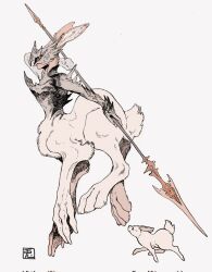 1other animal animal_ear_fluff animal_ears animal_hands armor breastplate centauroid claws cropped fake_horns from_side hatching_(texture) helmet highres horned_helmet horns limited_palette looking_ahead original pale_color pink_fur polearm rabbit rabbit_ears rabbit_tail signature simple_background spear tail tanuki_lll taur weapon white_background white_fur