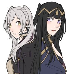 2girls ao_saryaruhu back-to-back black_coat black_eyes black_hair bodysuit breasts brown_eyes cleavage cloak coat collar collarbone couple expressionless eyelashes female_focus fire_emblem fire_emblem_awakening from_side happy height_difference highres hime_cut hood hooded_coat large_breasts light_blush long_hair long_sleeves looking_at_another looking_to_the_side matching_hair/eyes medium_breasts multiple_girls neck open_mouth parted_lips robin_(female)_(fire_emblem) robin_(fire_emblem) see-through_bodysuit see-through_clothes shirt short_twintails sidelocks sleeveless sleeveless_shirt smile standing tharja_(fire_emblem) tiara twintails upper_body white_background white_hair