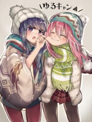 2girls =_= beanie blue_hair blue_hat blue_scarf blue_shorts brown_pantyhose cheek_pinching closed_eyes cropped_legs down_vest green_scarf grey_background hair_between_eyes hat horizontal-striped_scarf jihisintyou kagamihara_nadeshiko long_hair looking_at_viewer multicolored_scarf multiple_girls open_clothes open_mouth open_vest pantyhose pinching pink_hair plaid_clothes plaid_shirt plaid_skirt pleated_skirt pom_pom_(clothes) pom_pom_beanie purple_eyes red_pantyhose red_skirt scarf shima_rin shirt shorts simple_background skirt smile striped_clothes striped_scarf vest white_hat white_scarf white_vest yurucamp