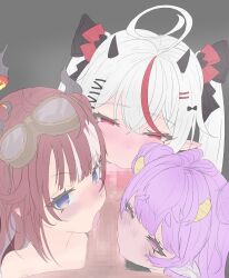 1boy 3girls ahoge animal_ears artist_request blue_eyes blush bow censored cooperative_fellatio cow_ears cunnilingus double_bun erection fellatio goggles goggles_on_head grey_background hair_bow hair_bun hair_ornament hairclip horns looking_at_viewer mosaic_censoring multicolored_hair multiple_girls muu_muyu oral penis phase_connect pink_eyes pov pov_crotch purple_hair red_eyes red_hair remilia_nephys saya_sairroxs streaked_hair teamwork_(sexual) tongue tongue_out virtual_youtuber white_hair