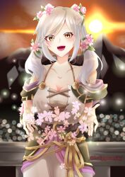 1girl artist_name bare_arms bare_shoulders bracelet breasts brown_eyes capelet cleavage collarbone dress eyelashes facing_viewer female_focus female_robin_(fire_emblem) female_robin_(valentine)_(fire_emblem) field fingerless_gloves fire_emblem fire_emblem_awakening fire_emblem_heroes flower flower_bracelet flower_field gloves hair_flower hair_ornament halterneck hands_up happy highres hoippuaniki holding holding_flower lens_flare light_blush long_dress long_hair looking_at_viewer medium_breasts mountainous_horizon neck nintendo official_alternate_costume open_mouth outdoors rope_belt sidelocks sky sleeveless sleeveless_dress smile spaghetti_strap standing sunset swept_bangs tight_clothes tight_dress twintails upper_body white_hair