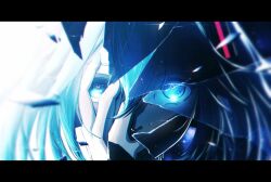 1girl absurdres aqua_eyes blue_eyes blue_hair blurry blurry_foreground broken_glass chromatic_aberration commentary depth_of_field english_commentary glass glowing glowing_eyes hand_over_eye hatsune_miku highres letterboxed looking_at_viewer nengoro signature solo tagme vocaloid