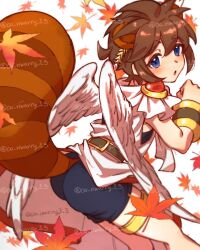 1boy :o ahoge androgynous angel angel_wings animal_ears artist_name autumn autumn_leaves belt bike_shorts_under_skirt black_shorts black_undershirt blue_eyes bracer brown_belt brown_hair commentary_request feathered_wings gold_thighlet hair_between_eyes jewelry kid_icarus kid_icarus_uprising ko_iwari_ngo laurel_crown leaf male_focus nintendo pit_(kid_icarus) raccoon_boy raccoon_ears raccoon_tail short_hair shorts shota sidelocks signature solo super_leaf_(transformation) super_smash_bros. tail thighlet too_many_watermarks twitter_username watermark white_wings wings