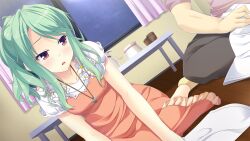 1boy 1girl arms_at_sides blush breasts collarbone cup curtains dress dutch_angle flower game_cg green_hair highres indoors jewelry kitaooji_karen long_hair looking_at_another making_lovers official_art open_mouth orange_dress orange_eyes parted_bangs pendant ponytail sidelocks sitting small_breasts socks table takanashi_kazuma taniyama-san third-party_source variant_set window wooden_floor yellow_socks yokozuwari