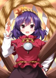 1girl :d black_skirt blush cowboy_shot hand_on_own_hip hand_up highres layered_sleeves leaf leaf_on_head long_sleeves looking_at_viewer medium_hair mirror onbashira open_mouth purple_hair red_eyes red_shirt rope ruu_(tksymkw) shimenawa shirt short_hair short_over_long_sleeves short_sleeves skirt smile solo touhou yasaka_kanako