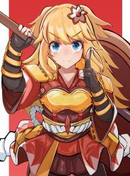 Rule 34 | 1girl, absurdres, armor, axe, black gloves, blonde hair, blue eyes, blush, breastplate, brown kimono, closed mouth, commentary request, fingerless gloves, gloves, hands up, highres, holding, holding axe, index finger raised, japanese clothes, kimono, long hair, looking at viewer, ninon (princess connect!), obi, princess connect!, red background, sash, shi (kamokamo910), short sleeves, smile, solo, thick eyebrows, two side up, v-shaped eyebrows, very long hair
