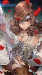 Rule 34 | 1girl, beatrix (ff9), blurry, blurry foreground, breasts, brown hair, curly hair, depth of field, dirty, dirty face, eyelashes, eyepatch, fighting stance, final fantasy, final fantasy ix, fingerless gloves, gloves, grey eyes, highres, holding, holding sword, holding weapon, large breasts, looking at viewer, magion02, medium hair, pantyhose, petals, rose petals, save the queen, solo, sword, torn clothes, torn pantyhose, weapon