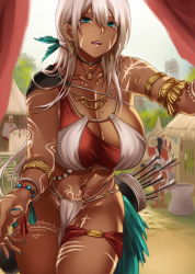 1girl aqua_eyes arm_tattoo bodypaint breasts cleavage dark-skinned_female dark_skin day eyes_visible_through_hair facepaint facial_mark hair_between_eyes highres hikari_(komitiookami) jewelry large_breasts leg_tattoo loincloth long_hair looking_at_viewer md5_mismatch mole mole_on_breast nail_polish native_american navel necklace no_panties open_mouth original outdoors parted_bangs pubic_tattoo reaching reaching_towards_viewer resolution_mismatch shiny_skin skindentation solo solo_focus source_smaller standing stomach stomach_tattoo tan tattoo tribal white_hair