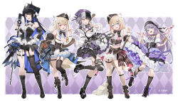 5girls :d animal_collar animal_ears anklet apron ascot asymmetrical_horns asymmetrical_legwear bib_collar black_boots black_bow black_bowtie black_hair black_hat black_shoes black_skirt black_sleeves black_socks black_thighhighs blonde_hair blue_collar blue_eyes blue_hair blue_skirt bodice boots bow bowtie breasts center-flap_bangs center_frills chest_jewel chinese_commentary collar colored_inner_hair commentary_request corset crossed_bangs detached_collar detached_sleeves detached_wings dog_ears dog_girl dog_tail double-parted_bangs fang fishnet_socks fishnets food frilled_apron frilled_shirt frilled_shirt_collar frilled_shorts frills full_body fuwawa_abyssgard garter_straps gem gradient_hair grey_hair hair_between_eyes hair_flaps hair_intakes hand_on_own_hip hat high_heels highres holding holding_food holding_microphone holoadvent hololive hololive_english horns jewel_under_eye jewelry kneehighs koseki_bijou lace lace-trimmed_thighhighs lace-up_boots lace_trim large_breasts layered_skirt legwear_garter long_hair long_sleeves looking_at_viewer microphone midori_fufu miniskirt mismatched_legwear mococo_abyssgard multicolored_hair multiple_girls nerissa_ravencroft official_art open_mouth pink_collar pink_eyes pink_hair puffy_shorts purple_eyes purple_gemstone purple_hair purple_skirt red_eyes shiori_novella shirt shoes short_hair shorts sidelocks single_thighhigh skin_fang skirt sleeve_belt sleeve_cuffs smile socks split-color_hair standing straight_hair strapless strapless_shirt streaked_hair tail thighhighs tilted_headwear torn_clothes torn_thighhighs two_side_up uneven_horns uneven_legwear very_long_hair virtual_youtuber white_apron white_ascot white_shirt white_shorts wing_collar wings yellow_eyes