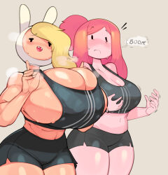 2girls abs adventure_time adventure_time:_fionna_and_cake blonde_hair blush breast_awe breast_envy breasts bulumble-bee bursting_breasts cleavage closed_mouth cowboy_shot curvy fionna_campbell gigantic_breasts gym_shorts gym_uniform hands_up highres large_breasts looking_at_another multiple_girls navel nose_blush notice_lines pink_hair plump princess_bonnibel_bubblegum shorts simple_background skindentation speech_bubble sports_bra sportswear standing steaming_body strap_lift sweat teeth thought_bubble upper_teeth_only