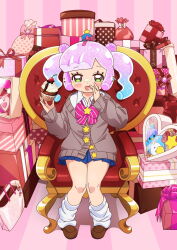 1girl absurdres armchair blush box cardigan chair cupcake food food_on_face gift gift_box gradient_hair green_eyes gyaru hat highres loafers looking_at_viewer loose_socks mini_hat mini_top_hat monster_girl multicolored_hair official_art open_mouth puniru_(puniru_wa_kawaii_slime) puniru_wa_kawaii_slime school_uniform shoes sitting skirt slime_girl smile socks solo top_hat twintails valentine