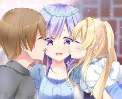 Rule 34 | 1boy, 2girls, ^ ^, absurdres, blonde hair, blue dress, blue flower, blurry, blurry background, blush, boy and girl sandwich, brick wall, brown hair, cheek kiss, closed eyes, closed mouth, collarbone, commentary, double cheek kiss, dress, eyebrows hidden by hair, flower, flower wreath, hair between eyes, hair intakes, happy, head wreath, highres, kiss, kissing cheek, long hair, looking down, lower teeth only, miraikanai, mizuori shizuku, multiple girls, open mouth, profile, puffy short sleeves, puffy sleeves, purple eyes, purple hair, ringed eyes, sandwiched, shirt, short hair, short sleeves, sidelocks, smile, summer pockets, takahara hairi, teeth, tsumugi wenders, twintails, upper body, white shirt