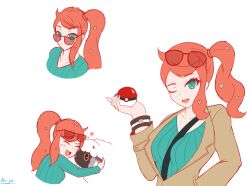 1girl aqua_eyes aqua_shirt between_breasts bracelet breasts brown_coat closed_eyes coat collarbone eyewear_on_head gen_8_pokemon hair_ornament heart heart_hair_ornament holding holding_poke_ball jewelry ken-pai_(kenpai_arts) large_breasts long_sleeves multiple_views nail_polish nintendo one_eye_closed orange-tinted_eyewear orange_hair poke_ball poke_ball_(basic) pokemon pokemon_swsh ribbed_shirt sheep shirt side_ponytail sonia_(pokemon) strap_between_breasts sunglasses tinted_eyewear v-neck wooloo