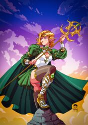 1girl armored_boots bernhard_binder blonde_hair boots breasts brown_thighhighs cape circlet cleavage cloud commentary derivative_work draw_this_in_your_style_challenge earrings english_commentary eyeshadow green_cape green_shrug green_skirt high_heel_boots high_heels highres holding holding_staff jewelry long_sleeves makeup medium_breasts miniskirt original panties pointy_ears puffy_long_sleeves puffy_sleeves purple_eyeshadow purple_sky skirt sky solo staff thighhighs thong underwear vambraces white_eyes white_panties