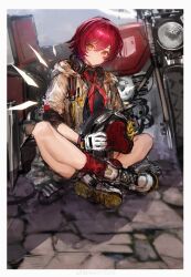 1girl absurdres amayouri arknights artist_name border chinese_commentary commentary_request detached_wings energy_wings exusiai_(arknights) exusiai_(city_rider)_(arknights) full_body gloves hair_between_eyes halo headphones headphones_around_neck helmet highres holding holding_helmet indian_style jacket kneehighs light_particles looking_at_viewer motor_vehicle motorcycle neckerchief on_ground open_clothes open_jacket orange_eyes red_hair red_socks shoes short_hair sitting smile socks solo striped_neckerchief traditional_halo vertical-striped_neckerchief watermark weibo_watermark white_border white_gloves white_jacket white_shoes wings yellow_halo