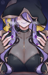 1girl absurdres breasts cleavage covered_eyes fang highres hood large_breasts long_hair moona_hoshinova moona_hoshinova_(7th_costume) official_alternate_costume purple_hair purple_nails shinoillust skin_fang smile solo starry_hair virtual_youtuber