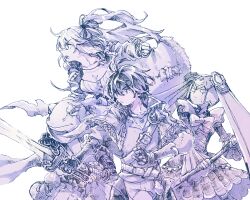 2boys 2girls aldo_(another_eden) amy_(another_eden) android another_eden arm_guards arm_up battoujutsu_stance belt bow bowtie breasts capelet cleavage clenched_hand closed_mouth coat collarbone collared_capelet commentary_request cross-laced_clothes cross-laced_dress cyrus_(another_eden) dress fighting_stance fingerless_gloves floating_clothes floating_hair frog_boy from_side fur-trimmed_coat fur_trim furry furry_male gloves hair_between_eyes hair_ribbon high_ponytail holding holding_staff holding_sword holding_weapon horizontal_pupils jewelry katana large_breasts long_hair long_sleeves long_sword looking_to_the_side michibata_65 monochrome multiple_boys multiple_girls necklace open_clothes open_coat open_mouth pants pendant ponytail popped_collar purple_theme ready_to_draw ribbon riica_(another_eden) scabbard scar scar_across_eye scar_on_face scarf serious sheath shirt short_hair shoulder_belt simple_background staff sword turning_head twintails v-neck v-shaped_eyebrows very_long_hair weapon white_background wide_sleeves