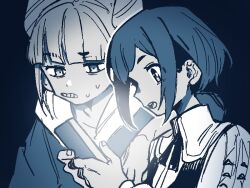 100387l 2girls blue_background blue_theme blunt_bangs collared_shirt double_bun frilled_shirt frilled_sleeves frills fukurai_azami glowing hair_bun hands_up holding holding_phone limited_palette long_sleeves looking_at_phone multiple_girls nervous_sweating open_mouth phone shirt short_hair simple_background smile sweat teeth tomarigi_yasumi toshi_densetsu_kaitai_center upper_body