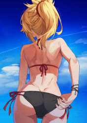 1girl absurdres adjusting_clothes adjusting_swimsuit ass back bikini black_bikini blonde_hair blue_sky bracelet braid cloud cowboy_shot day fate/apocrypha fate_(series) from_behind hair_ornament hair_scrunchie half_up_braid halterneck hidden_face highres jewelry long_hair mordred_(fate) mordred_(fate/apocrypha) outdoors ponytail red_scrunchie scrunchie short_ponytail shoulder_blades side-tie_bikini_bottom sidelocks sky string_bikini swimsuit thighs tonee