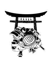 1other absurdres armor artist_name bad_link creatures_(company) game_freak gen_1_pokemon greyscale highres japanese_armor katana lvl225 monochrome nintendo pokemon pokemon_(creature) poliwrath samurai sandals scar scar_on_face serious signature simple_background sketch solo standing sword torii weapon white_background