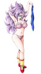 1girl alternate_hair_color android_21 android_21_(human) blue_eyes bra breasts cleavage cosplay dragon_ball dragon_ball_(classic) dragon_ball_fighterz earrings full_body glasses highres hoop_earrings huge_breasts jewelry large_breasts long_hair looking_at_viewer navel panties purple_hair ranfan ranfan_(cosplay) simple_background smile underwear vra white_background young_jijii
