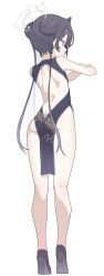 1girl absurdres ass back black_dress black_hair black_shoes blue_archive braid braided_bun butt_crack china_dress chinese_clothes double_bun dragon_print dress full_body grey_eyes grey_halo hair_bun hair_ornament halo high_heels highres kisaki_(blue_archive) long_hair no_panties print_dress s10021 shoes simple_background sleeveless sleeveless_dress solo standing twintails white_background