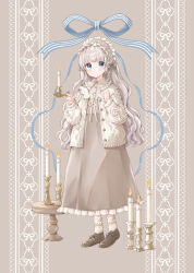 1girl blue_eyes blush brown_background brown_shirt brown_shoes brown_skirt candle cardigan closed_mouth commentary_request fire frilled_shirt frilled_skirt frills hairband highres hoshiibara_mato lolita_hairband long_hair open_cardigan open_clothes original shirt shoelaces shoes skirt smile socks solo table white_hair white_socks