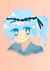 1other androgynous black_headband black_ribbon blue_eyes blue_hair blue_kimono blush_stickers bright_pupils closed_mouth commentary cropped_torso cryprism english_commentary expressionless eyes_visible_through_hair fujiwara_no_iyozane hachimaki hair_between_eyes hair_ribbon headband highres japanese_clothes kimono len&#039;en light_frown looking_at_viewer medium_hair orange_background other_focus ribbon side_ponytail simple_background solo white_pupils