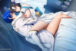 1boy 1girl bed black_hair blue_hair breasts bridal_veil bride censored closed_mouth commentary dannex009 dress dutch_angle english_commentary fire_emblem fire_emblem_engage fire_emblem_heroes from_side groom hetero hug husband_and_wife indoors large_breasts long_sleeves looking_at_another male_alear_(fire_emblem) mosaic_censoring multicolored_hair nel_(fire_emblem) nel_(stoic_bride)_(fire_emblem) nintendo nipples official_alternate_costume on_bed open_mouth red_eyes red_hair sex short_hair sitting smile split-color_hair story_in_commentary straddling thighhighs thighs two-tone_hair upright_straddle veil wedding_dress white_dress white_thighhighs