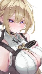1girl absurdres arm_at_side bare_shoulders between_breasts black_choker black_gloves blonde_hair blush breasts chest_harness choker cleavage cleavage_cutout closed_mouth clothing_cutout collarbone collared_shirt commentary ear_blush earrings evelyn_chevalier fingernails from_side gloves hair_between_eyes hand_on_own_chest hand_up harness highres jewelry large_breasts light_smile looking_at_viewer looking_to_the_side mole mole_under_eye necktie necktie_between_breasts nyo2_ng partially_fingerless_gloves pendant_choker purple_eyes ring_hair_ornament shirt short_hair simple_background sleeveless sleeveless_shirt solo sweat upper_body white_background white_shirt yellow_necktie zenless_zone_zero