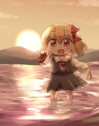1girl :d ascot barefoot black_skirt black_vest blonde_hair blush cloud collared_shirt commentary_request frilled_skirt frills full_body hair_between_eyes hair_ribbon highres holding holding_shoes long_sleeves looking_at_viewer mountainous_horizon open_mouth outdoors outstretched_arm red_ascot red_eyes red_ribbon red_shoes ribbon rokugou_daisuke rumia shirt shoes short_hair signature skirt skirt_set sky smile solo standing sun sunrise touhou unworn_shoes vest wading white_shirt