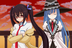 2girls 5pb. black_hair blue_eyes blue_hair blush breasts cosplay crossed_arms glasses hair_ornament hat imai_asami jacket long_hair mages. makise_kurisu makise_kurisu_(cosplay) mole mole_under_eye multiple_girls necktie neptune_(series) nitroplus noire_(neptunia) one_eye_closed red_eyes science_adventure smile steins;gate sunset torone_(emerada121) twintails voice_actor_connection wink
