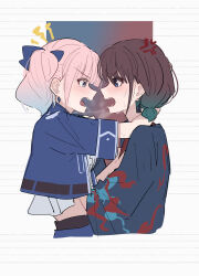 2girls after_kiss anger_vein blue_eyes blue_hair blue_haori blush brown_hair chinese_commentary commentary_request earrings eye_contact girls_band_cry gradient_hair grey_eyes haori highres hina_(girls_band_cry) iseri_nina japanese_clothes jewelry kuuhaku_to_catharsis looking_at_another multicolored_hair multiple_girls open_mouth pink_hair red_shirt saliva saliva_trail shirt short_hair yun_cao_bing yuri