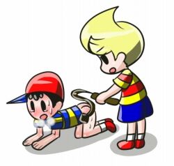 all_fours ass bare_legs black_hair blonde_hair child crying elementary_schoolboy hat legs lucas_(mother_3) male_focus masochism mother_(series) mother_2 mother_3 ness_(mother_2) nintendo roleplay sex shirt shoes shota socks spanked spanking super_smash_bros. sweat sweatdrop tears torture whip