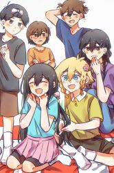 2girls 4boys absurdres aged_down alternate_costume alternate_eye_color alternate_hairstyle antenna_hair arm_behind_head arm_up aubrey_(faraway)_(omori) aubrey_(omori) bailan1130 basil_(faraway)_(omori) basil_(omori) bike_shorts bike_shorts_under_skirt black_eyes black_hair black_shirt black_shorts blonde_hair blue_eyes blue_shirt blush braid brother_and_sister brothers brown_hair brown_shorts checkered_blanket chinese_commentary chromatic_aberration closed_eyes closed_mouth collarbone collared_shirt commentary_request crossed_arms dark-skinned_male dark_skin denim flower flying_sweatdrops full_body green_shirt hair_flower hair_ornament hair_pulled_back hairclip hero_(faraway)_(omori) hero_(omori) highres indian_style jeans kel_(faraway)_(omori) kel_(omori) long_hair looking_at_another mari_(faraway)_(omori) mari_(omori) multiple_boys multiple_girls omori open_mouth orange_shirt pants picnic_blanket pink_skirt pleated_skirt purple_shirt seiza shirt short_hair short_sleeves shorts siblings simple_background single_braid sitting skirt smile socks standing sunny_(omori) sweat t-shirt teeth twin_braids upper_teeth_only white_background white_socks